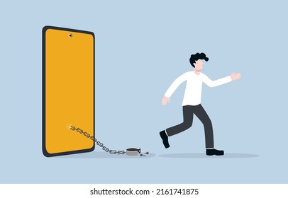 Reducing screen time for better health, balancing between virtual life and social life for wellbeing, overcoming social media addiction concept. Man stepping out of mobile phone after unlocking chain. svg
