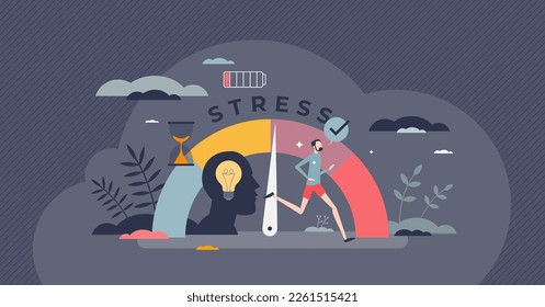 Reducing stress level with sport for mental health tiny person concept. Emotion control with activities and job frustration reduction vector illustration. High tension and emotional anxiety therapy.