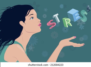 Reducing stress. Profile of a young beautiful woman, blowing away the word "stress" from a palm of her hand, no transparencies 