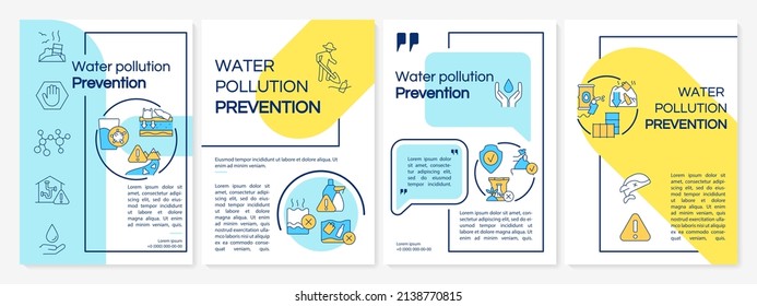 Reducing water pollution blue and yellow brochure template. Conservation tips. Leaflet design with linear icons. 4 vector layouts for presentation, annual reports. Questrial, Lato-Regular fonts used