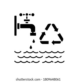 Reducir el agua usa un icono de glifo negro. Asesoramiento sobre el estilo de vida sin desperdicios, economía de recursos. Símbolo de silueta de consumo responsable en el espacio blanco. Reutilización y reciclado del agua. Ilustración aislada del vector