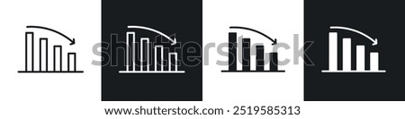 Reduction chart icon collection in black and white filled and stroke line style.
