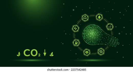 Reducción de las emisiones de CO2 a la atmósfera, protección del medio ambiente, neutralidad del carbono. Bombilla simbólica rodeada de íconos de energía renovable sobre fondo verde oscuro. Diseño de marco de polos bajos