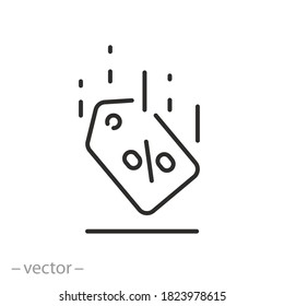 icono de reducción de costes o tasas, promoción de concepto precio bajo, cupón de venta o descuento, símbolo web de línea delgada sobre fondo blanco - ilustración de vector de trazo editable eps10