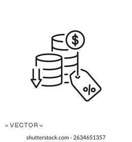 reduction cost or rate icon, sale or discount coupon, promo low price concept, thin line symbol isolated on white background, editable stroke eps 10 vector illustration