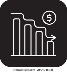 Reduction Crisis management icon with black filled line style. decrease, finance, arrow, down, investment, lower, drop. Vector illustration