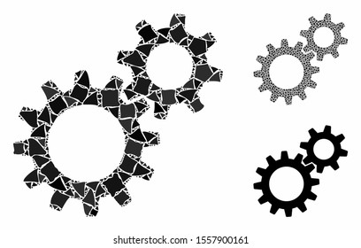 Reduction gears composition of uneven elements in different sizes and color tones, based on reduction gears icon. Vector tuberous items are combined into collage.