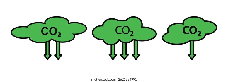 Reduction Greenhouse CO2 with Cloud Emission Icon Set. Carbon Dioxide Pollution. Co2 emission with cloud vector illustration on white background.