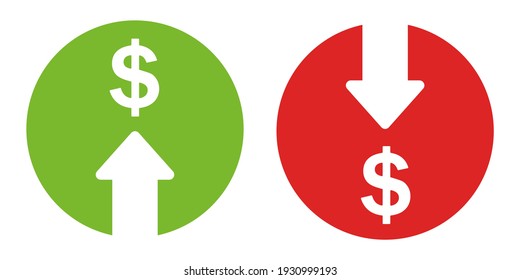 Сost reduction and growth business icons. Arrow dollar icon. Up and down arrow symbol, sign. Vector illustration.