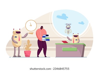 Reduction of importance of men at work vector illustration. Human employee doing manual work while AI robots working on laptop and managing business. Robotization, artificial intelligence concept