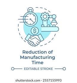 Reduction of manufacturing time light blue concept icon. Fast production process. Contract manufacturing benefit. Round shape line illustration. Abstract idea. Graphic design. Easy to use in article