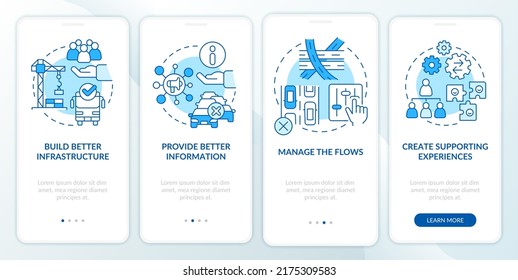 Reduction of overcrowding blue onboarding mobile app screen. Walkthrough 4 steps editable graphic instructions with linear concepts. UI, UX, GUI template. Myriad Pro-Bold, Regular fonts used