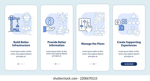 Reducción del hacinamiento en pantalla de aplicaciones móviles en color azul claro. Recorrido 4 pasos instrucciones gráficas editables con conceptos lineales. UI, UX, plantilla GUI. Multitud de tipos de letra Pro-Bold, con uso regular