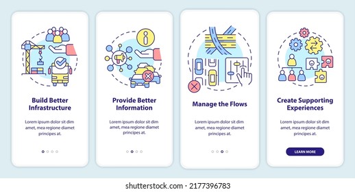 Reduction of overcrowding onboarding mobile app screen. Organization walkthrough 4 steps editable graphic instructions with linear concepts. UI, UX, GUI template. Myriad Pro-Bold, Regular fonts used
