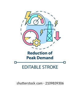 Reduction of peak demand concept icon. Smart grid system work abstract idea thin line illustration. Isolated outline drawing. Editable stroke. Roboto-Medium, Myriad Pro-Bold fonts used