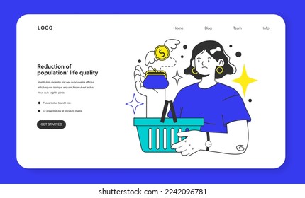 Reduction of population' life quality as unemployment consequence web banner or landing page. Social problem of occupancy, job offer and workplace shortening. Economy theory. Flat vector illustration