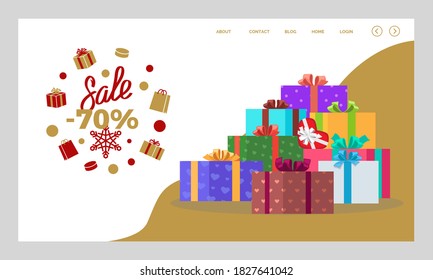Reduction of price on products in online shop. Presents and gifts wrapped with decorative paper and tied with bow for winter Christmas holidays. Website or webpage template, landing page vector