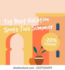 Reduction of price on summer vacation packages and tours. Promotional banner with twenty percent off cost on weekends or holidays in foreign country by sea or ocean. Vector in flat style illustration