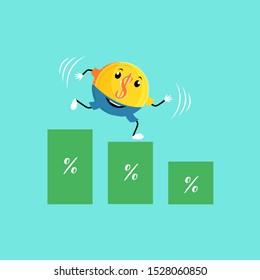 Reduction of the price rate. Rate cut. The falling dollar profit. Character coins the dollar. Vector editable illustration