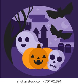 Reduction, pumpkin, skull and bats against the background of a dark castle and grave at night. Vector Flat Cute Cartoon illustration in a circle