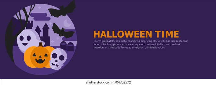 Reduction, pumpkin, skull and bats against the background of a dark castle and grave at night. Vector Flat Cute Cartoon banner in a circle