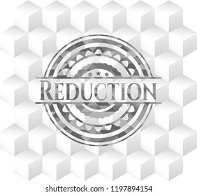 Reduction retro style grey emblem with geometric cube white background