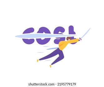 reduction and savings in business or company operational costs. optimizing finances and minimizing expenses. a businessman cuts costs using a sword or katana. illustration concept design. graphic