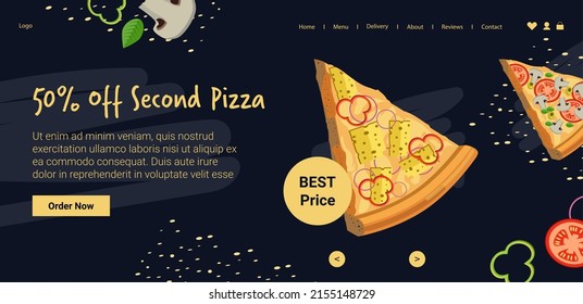 Reduction for second pizza order, delicious bakery and pizzeria assortment of tasty italian recipes and snacks for dinner. Website landing page template, online internet site. Vector in flat style