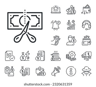 Reduction tax rate sign. Cash money, loan and mortgage outline icons. Cut tax line icon. Inflation symbol. Cut tax line sign. Credit card, crypto wallet icon. Inflation, job salary. Vector