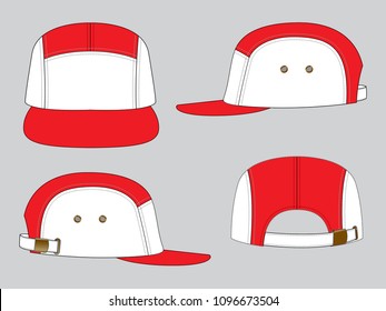 Red-White 5 Panels Baseball Cap With Eyelets and Adjustable Brass Metal Slide Buckle Strap Design Vector On Gray Background