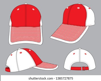Red-White Baseball Cap with Mesh-Binding Trim Visor, Adjustable Metal Buckle Closure Design on Gray Background, Vector File.