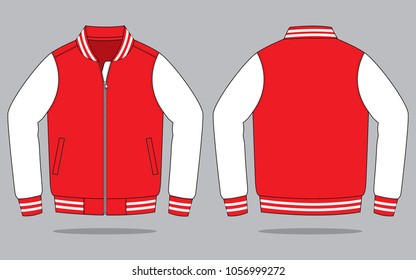 Red-white baseball jacket design on gray background.Front and back view.