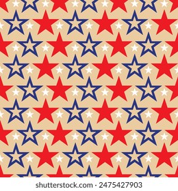 Red,white, blue stars on beige background. American Memorial Day seamless pattern, 4th of July holiday. For cards, banners, posters, flyer, party invitation, packaging, wrapping paper, fabric design