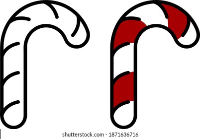 Red-white candy. Striped lollipop. Colored vector illustration. Isolated background. A candy cane shaped like a sugar cane. Christmas. New Year. Dessert for children. Flat style. Festive print. 