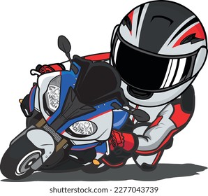 Red-White Racer Riding Sport Motorcycle lead in curve with speed Cartoon Mascot