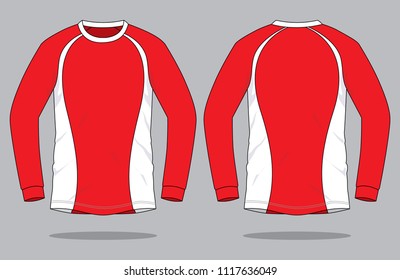 Red-White Raglan Long Sleeve T-shirt Design On Gray Background.Front and Back View.