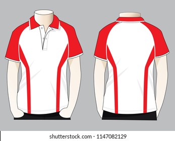 Red-White Raglan Short Sleeve Polo Shirt with White Piping Design on Gray Background. Front and Back Views, Vector File.