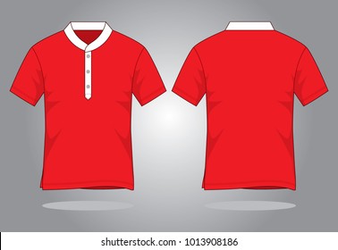 Red-white short sleeve polo shirt with stand up collar design on graybackground. Front and back views, vector file.