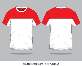Red-White Short Sleeve T-Shirt Design on Gray Background.Front and Back View, Vector File