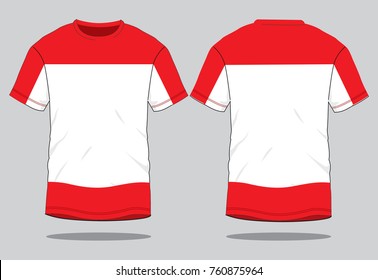 Red-White Short Sleeve T-Shirt Design on Gray Background.Front and Back View, Vector File