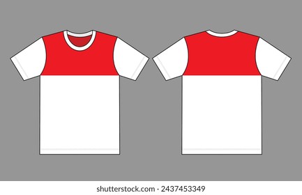 Red-White Short Sleeves T-Shirt Design On Gray Background.Front and Back View, Vector File