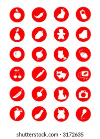Red-white symbols of fruit, vegetables, animals and technical.