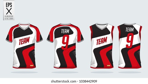 Red-White t-shirt sport design template for soccer jersey, football kit and tank top for basketball jersey. Sport uniform in front and back view. Tshirt mock up for sport club. Vector Illustration.