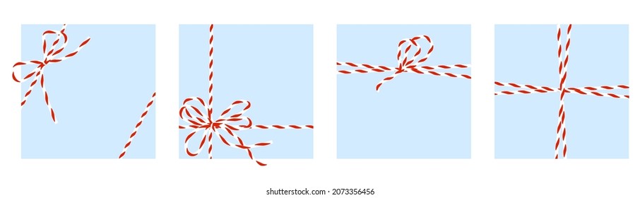 Red-white twine rope with a bow. Set decorative celebration Christmas lace for gifts, cards, letters. Vector isolated.
