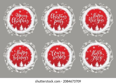 Red-white winter holiday signs with lettering inscriptions. Merry Christmas banner design. Christmas icons. Vector illustration.