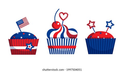 Red-white-and-blue sweet cupcakes set for 4th of July USA happy independence day. Icing muffin with red and blue stars, flag, lollipop heart, cherry. Flat design cartoon holiday dessert vector clipart