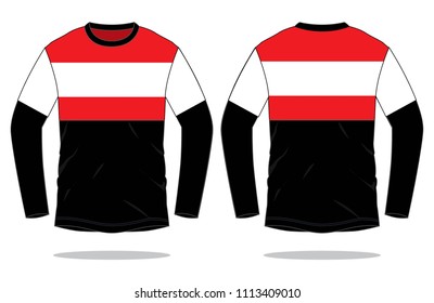 Red-White-Black Long Sleeve T-Shirt Design on White Background.Front and Back View, Vector File