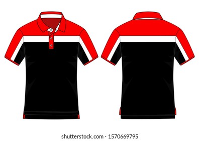 Red-White-Black Short Sleeve Polo Shirt With Trim Style Design on Gray Background. Front and Back Views, Vector File.
