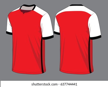Red-White-Black Short Sleeve Shirt Design on Gray Background. Front and Back Views, Vector FIle.