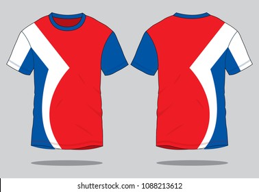Red-White-Blue Short Sleeve T- Shirt Design On Gray Background.Front and Back View, Vector File.
